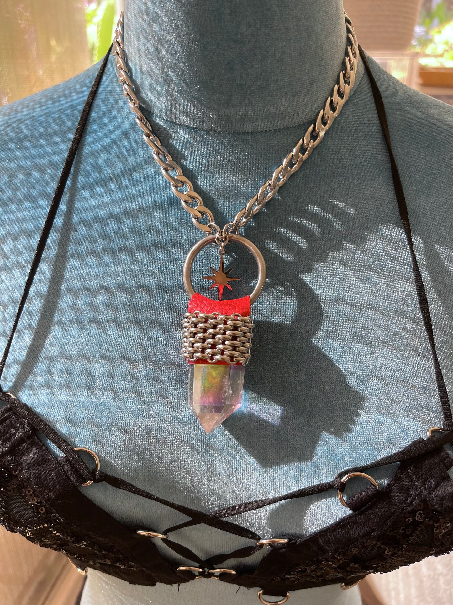 Red Leather Starburst Necklace ⟡ Angel Aura Quartz