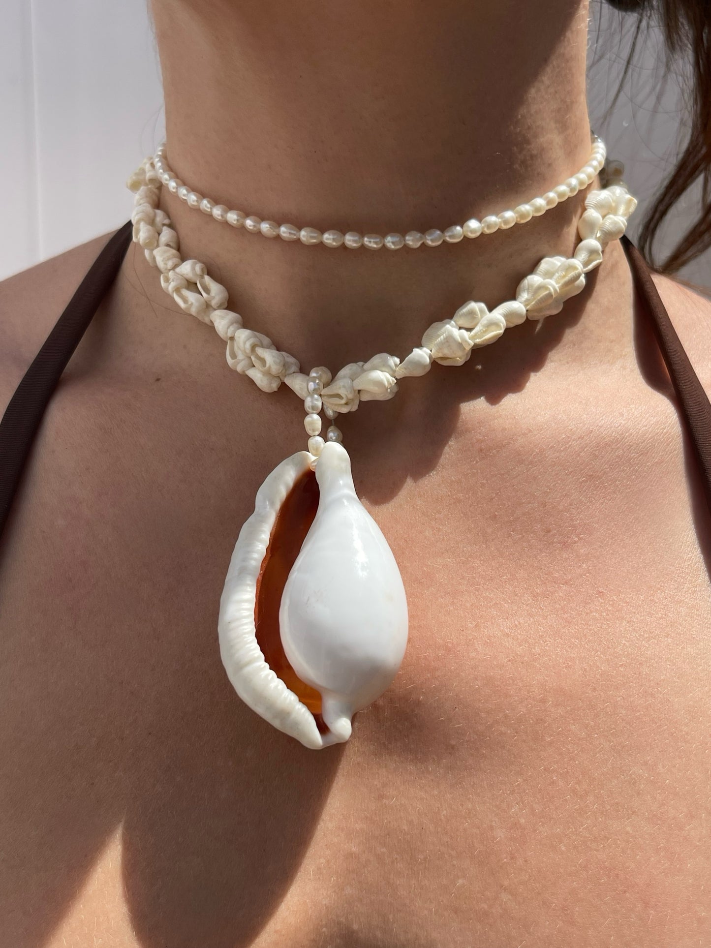 Cowrie Shell Stacked Pearl Choker