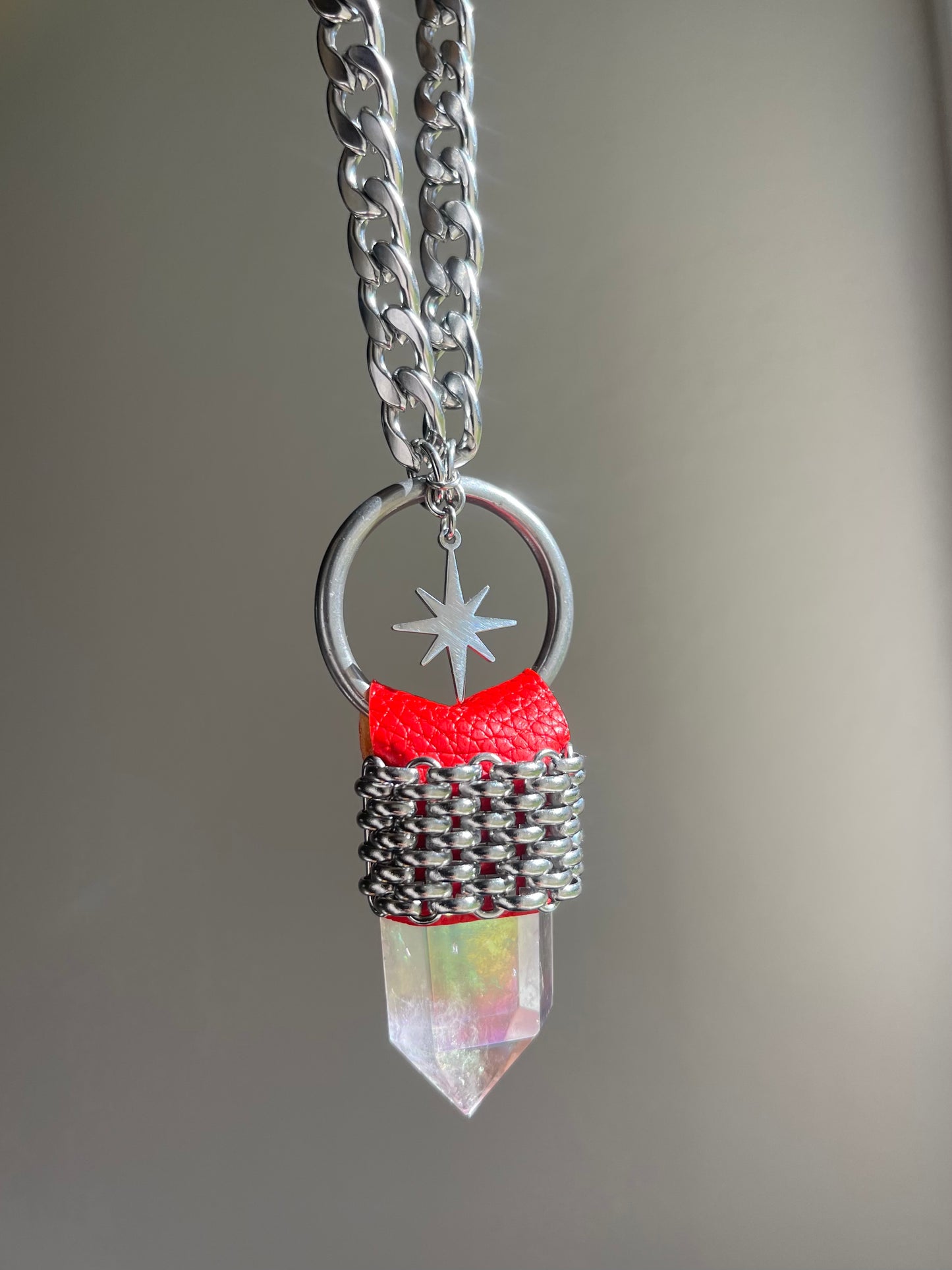 Red Leather Starburst Necklace ⟡ Angel Aura Quartz