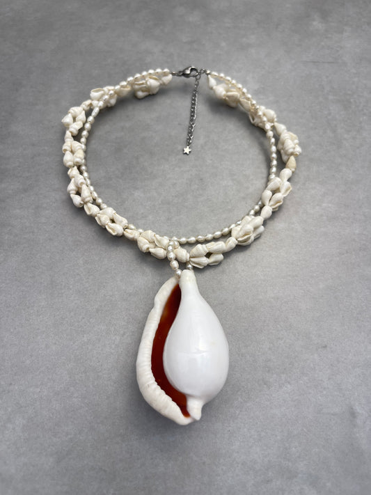 Cowrie Shell Stacked Pearl Choker