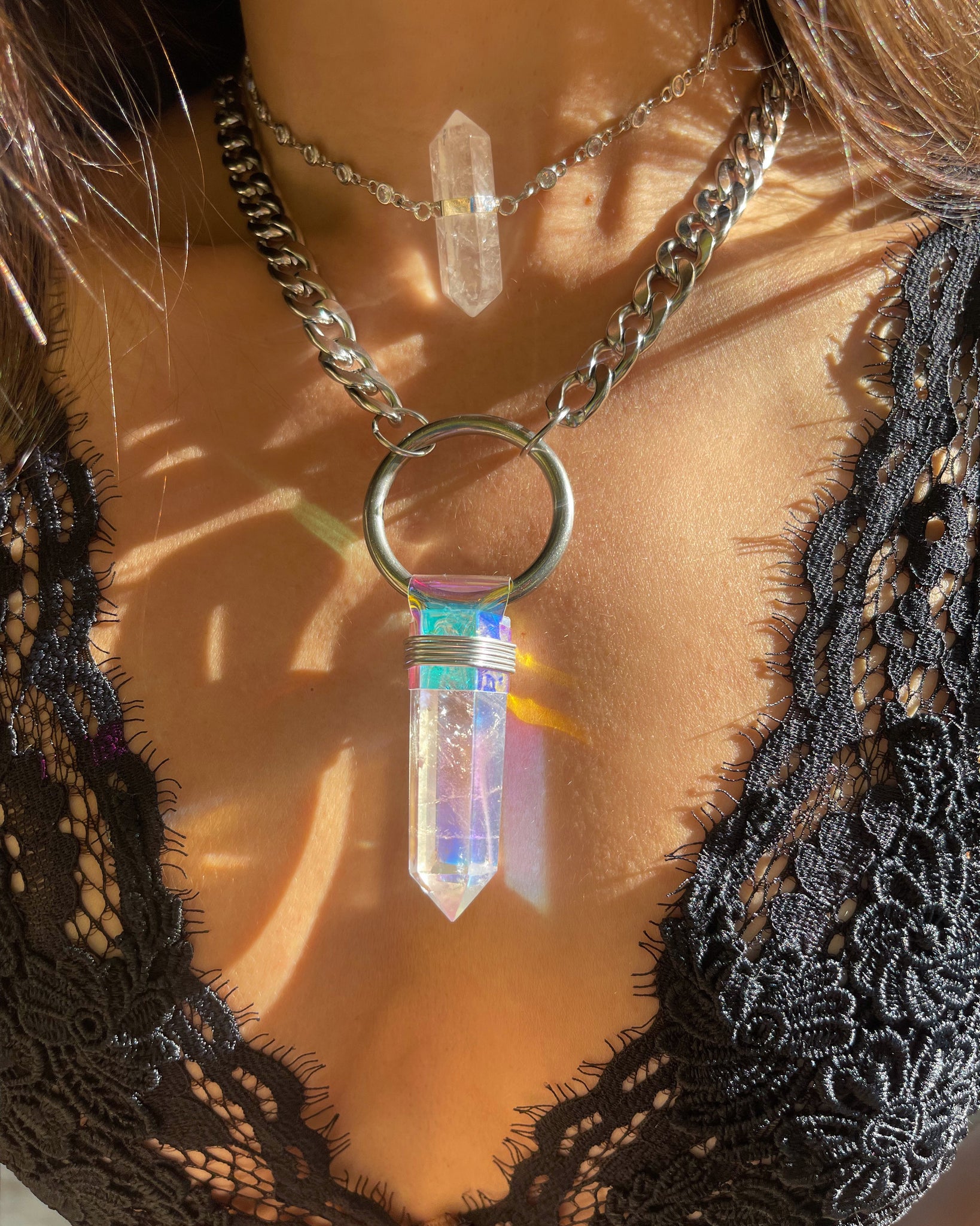 Angel Aura Quartz Pendant Metallic Rainbow Healing Reiki Cord Necklace on  eBid United States | 206503668